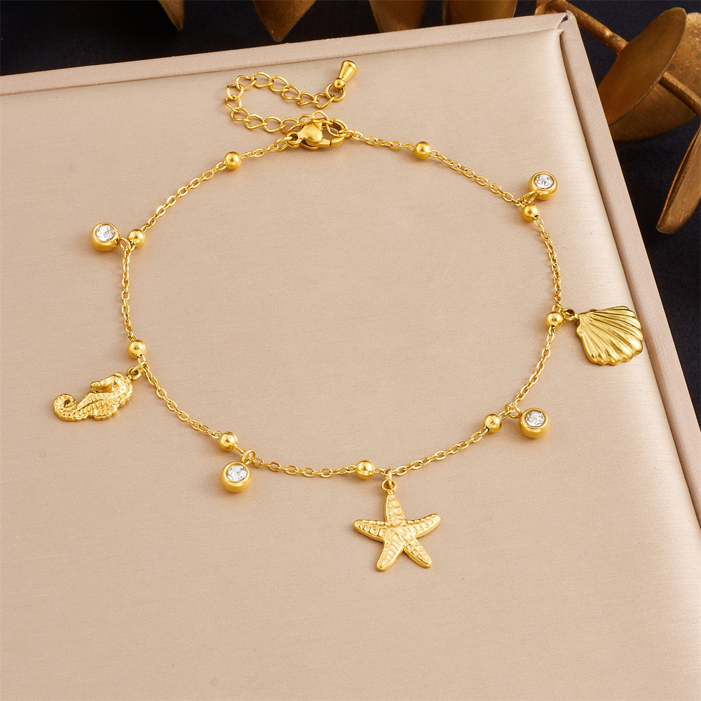 Korean style fashionable double-layer chain diamond-encrusted cherry starfish flower star moon pendant stainless steel anklet for women