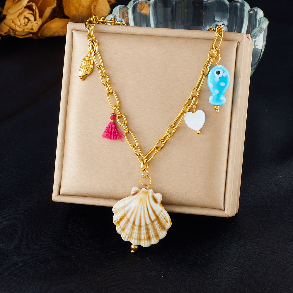 European and American cross-border fashion vacation high-end multi-element marine life pendant seashell starfish sun stainless steel necklace