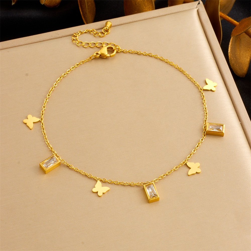 Cross-border fashion beach style versatile simple colorful geometric glass rhinestone butterfly heart accessory chain anklet