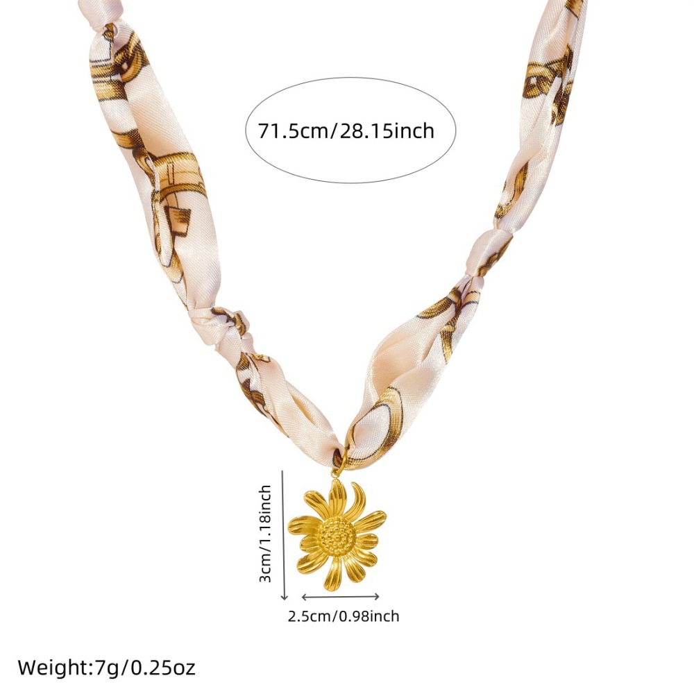 New cross-border colorful printed silk scarf ribbon knotted multi-element gold-plated stainless steel heart, moon and sun necklace