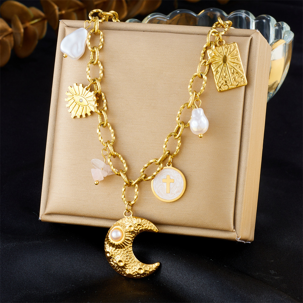 Cross-border popular multi-element accessory pendant stainless steel metal marine life flower dripping moon sun necklace