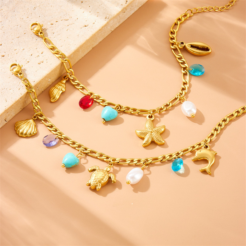European and American cross-border personalized creative gold-plated turtle, dolphin, and starfish pendant stainless steel chain jewelry bracelet