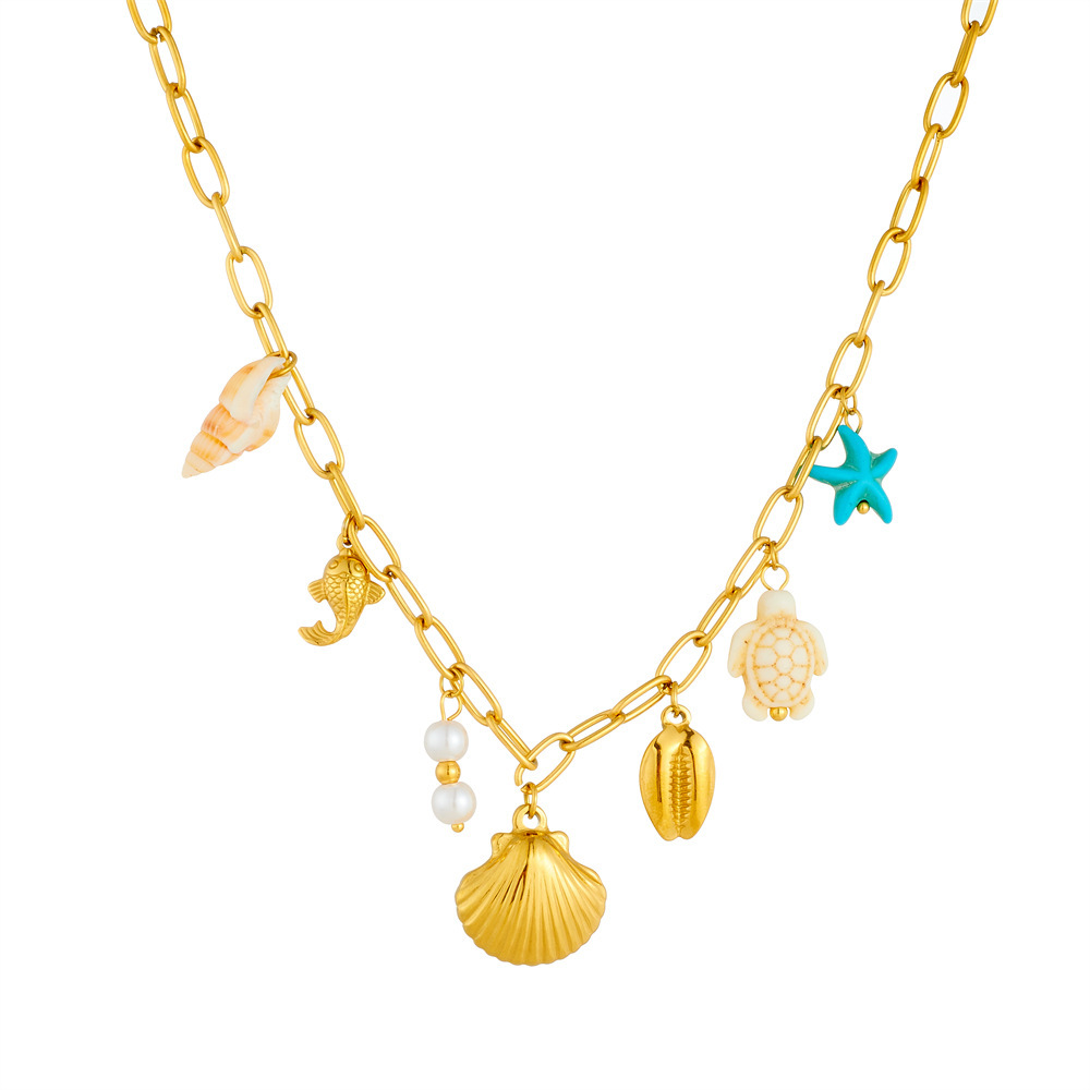 Cross-border hot-selling gold-plated beach and seaside style fashionable stainless steel scallop, seahorse, turtle, and starfish pendant chain necklace