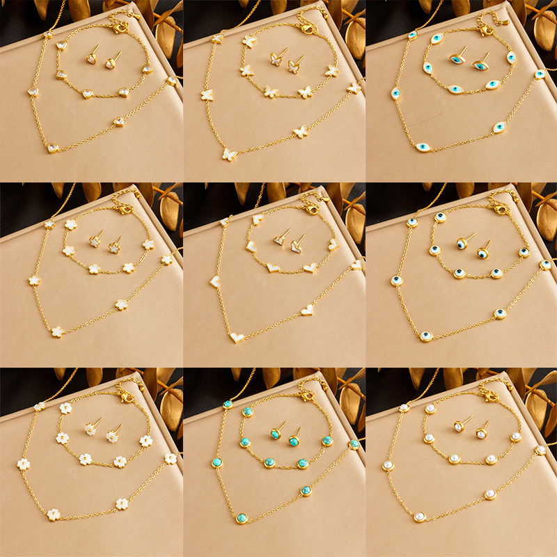 Fashionable retro round devil eyes blue turquoise flower heart accessory chain stainless steel jewelry three-piece set