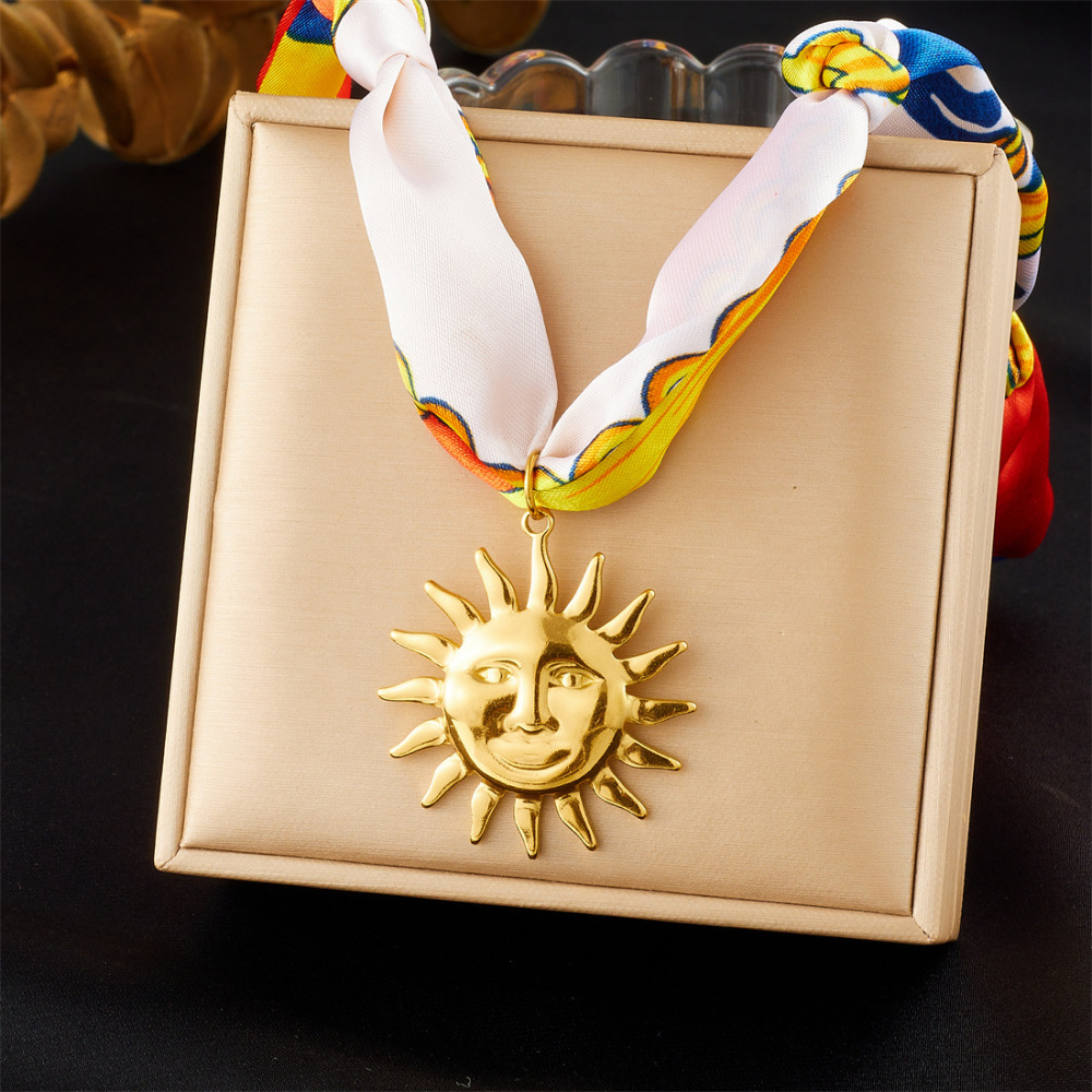 New cross-border colorful printed silk scarf ribbon knotted multi-element gold-plated stainless steel heart, moon and sun necklace