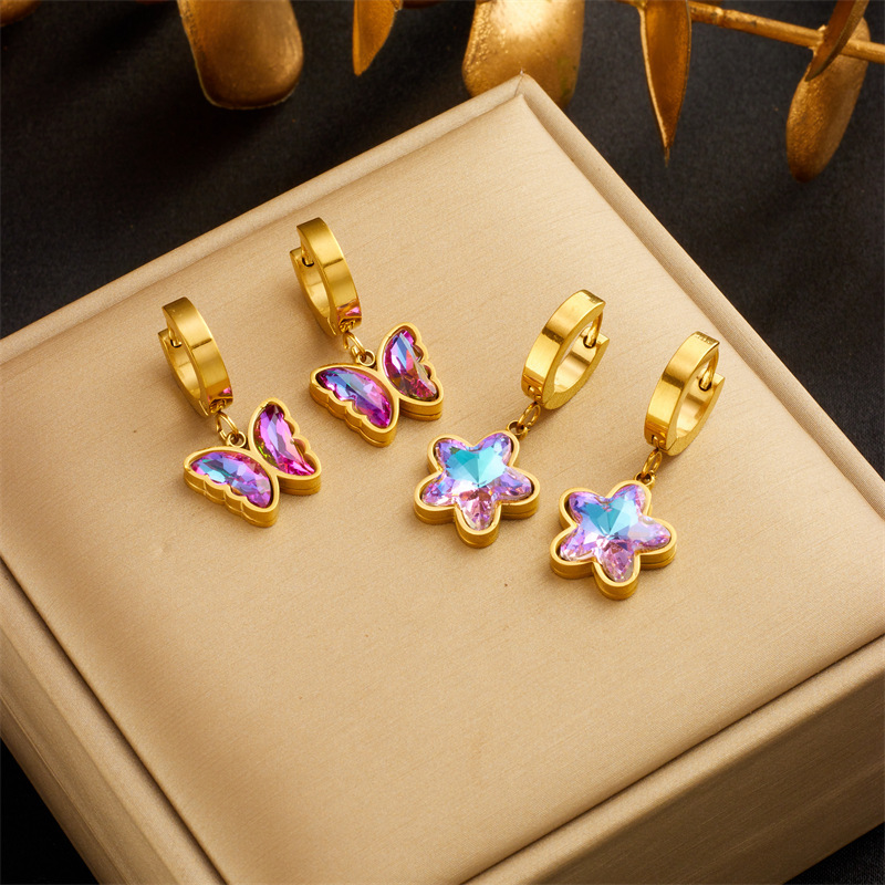 Trendy niche retro design, colorful purple rhinestone butterfly, gold-plated titanium steel pendant accessories earrings