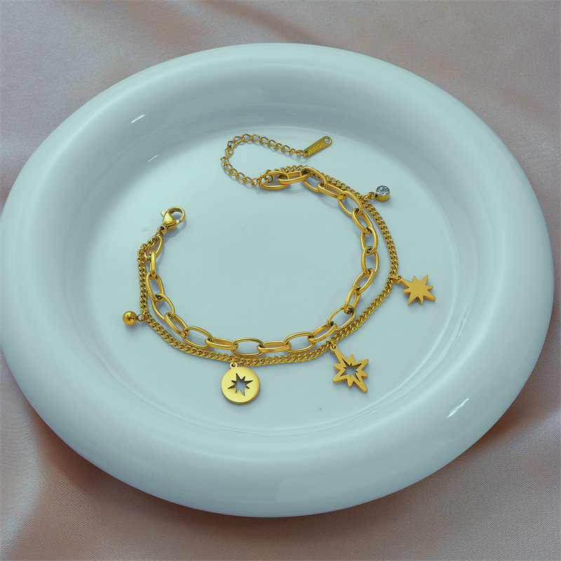 Fashionable niche European and American high-end cross-border retro design hollowed-out six-pointed star rhinestone double-layer chain titanium steel bracelet