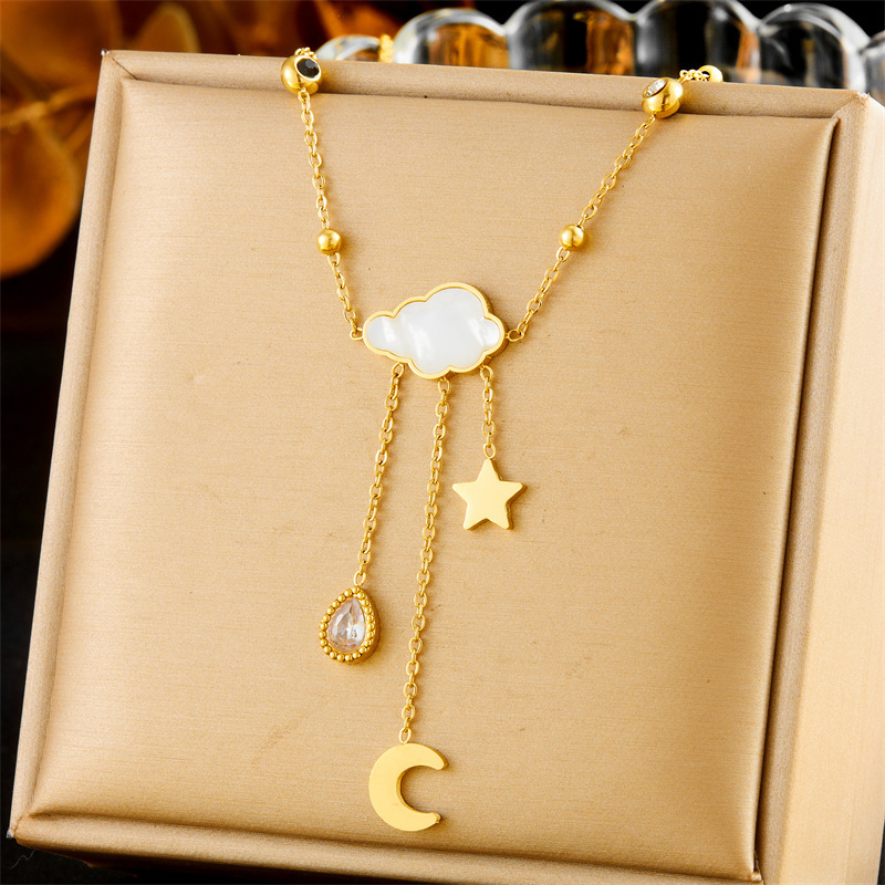 Korean style white shell cloud star moon long tassel teardrop niche fashion stainless steel jewelry necklace