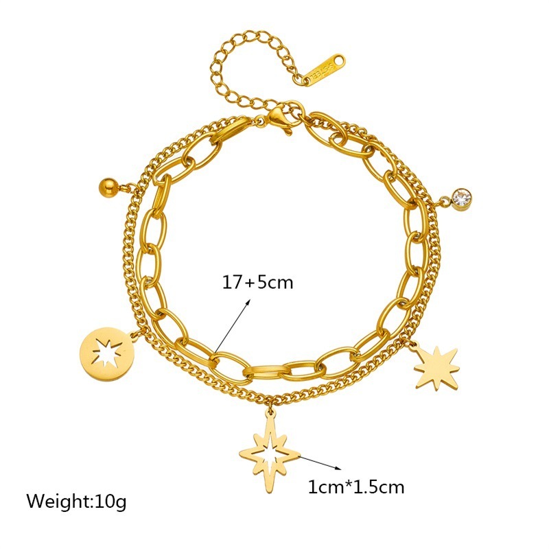 Fashionable niche European and American high-end cross-border retro design hollowed-out six-pointed star rhinestone double-layer chain titanium steel bracelet