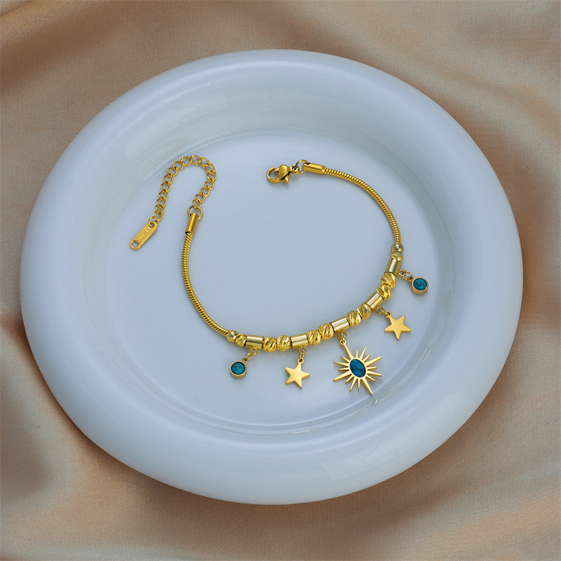 New European and American cross-border style titanium steel non-fading geometric blue turquoise oval sun and star pendant jewelry bracelet