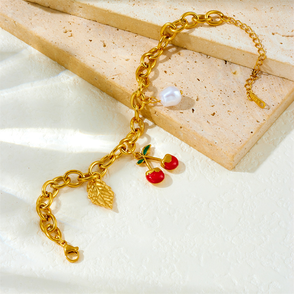 Korean style, new DIY fruit leaf pearl pendant stainless steel chunky chain bracelet
