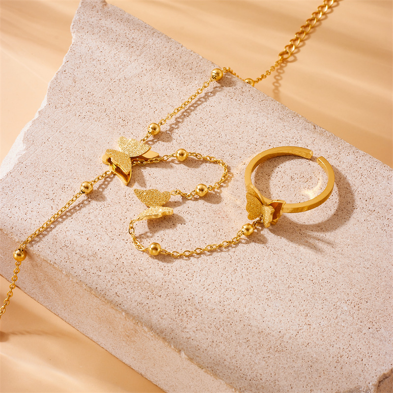 European and American style, simple and versatile, gold-plated stainless steel butterfly chain open ring and bracelet jewelry set