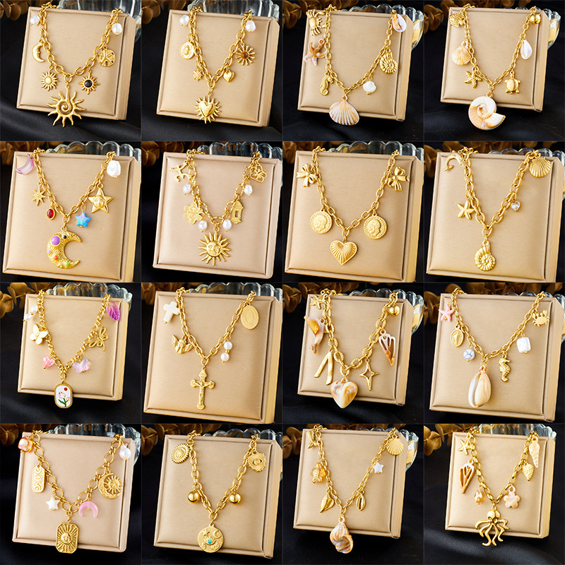 Cross-border popular multi-element accessory pendant stainless steel metal marine life flower dripping moon sun necklace