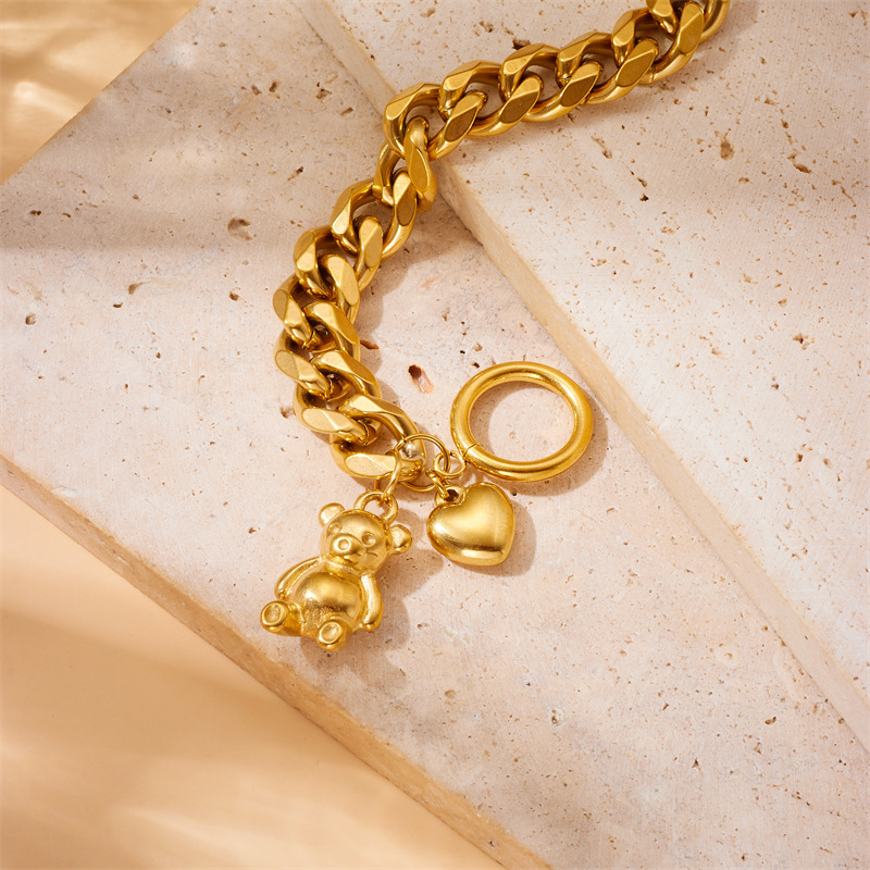European and American style creative gold-plated stainless steel chain bear heart pendant OT buckle accessory bracelet