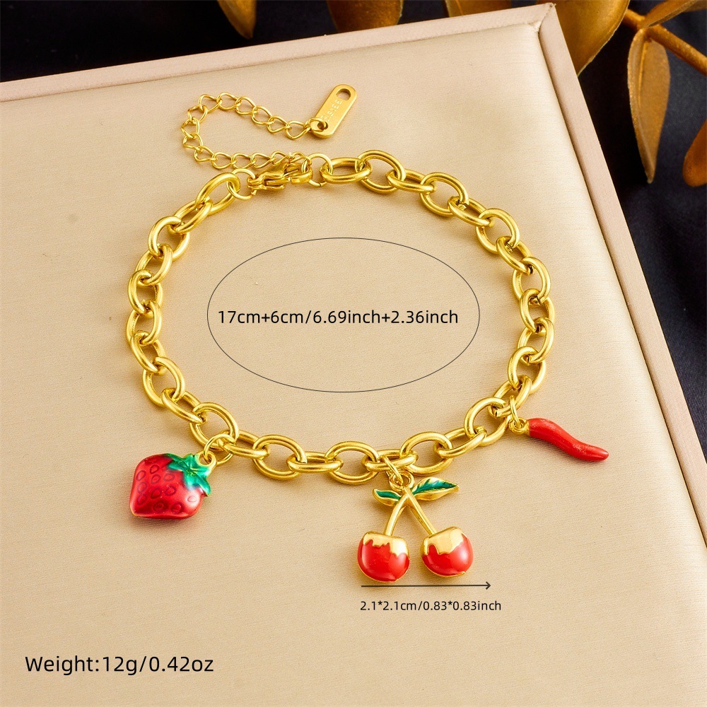 Sweet and natural cherry heart lock pendant for women, versatile and high-end stainless steel gold-plated bracelet, perfect for summer.