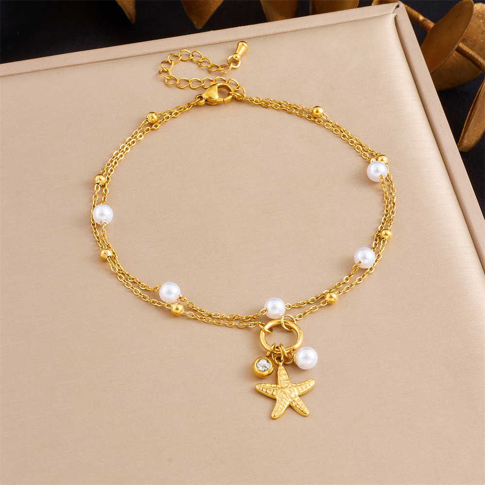 Korean style fashionable double-layer chain diamond-encrusted cherry starfish flower star moon pendant stainless steel anklet for women