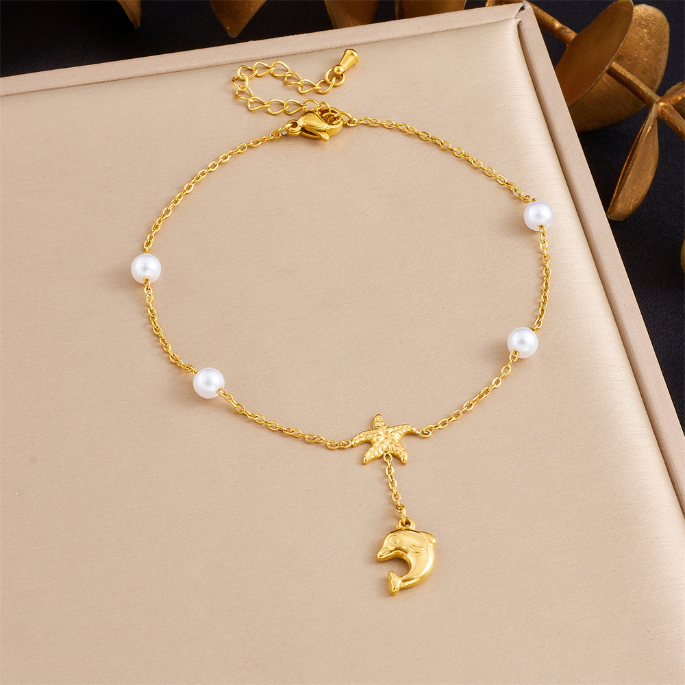 Korean style fashionable double-layer chain diamond-encrusted cherry starfish flower star moon pendant stainless steel anklet for women