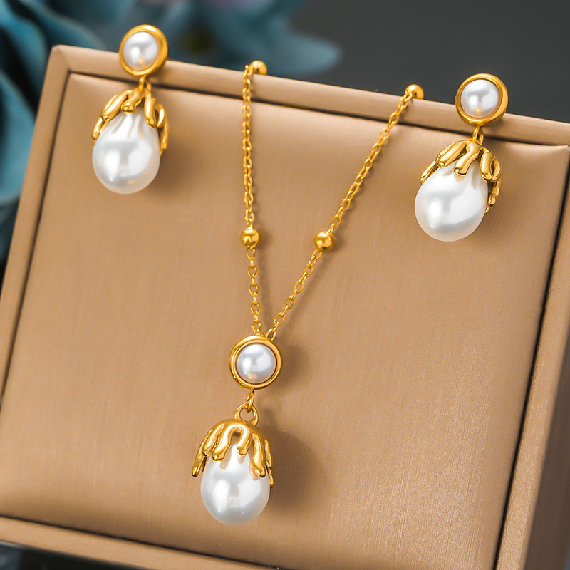 Cross-border fashion retro pearl flower geometric irregular necklace and earring set, unique stainless steel jewelry