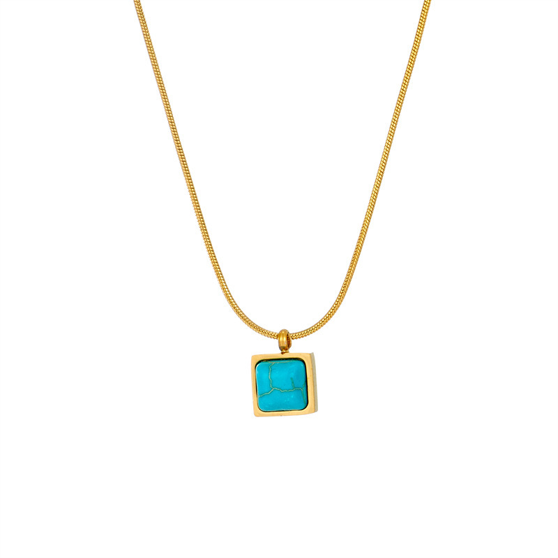 European and American cross-border fashion retro niche minimalist square turquoise pendant titanium steel spiral chain necklace