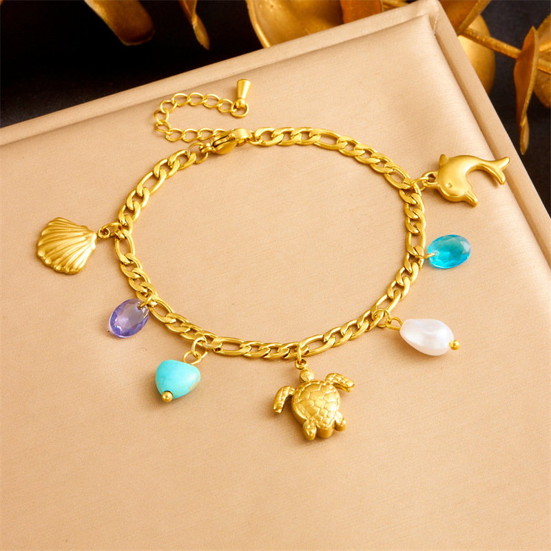 European and American cross-border personalized creative gold-plated turtle, dolphin, and starfish pendant stainless steel chain jewelry bracelet