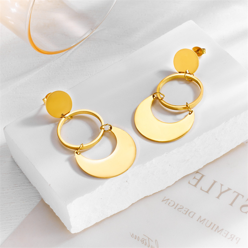European and American fashion exaggerated geometric circle metal long minimalist stainless steel earrings