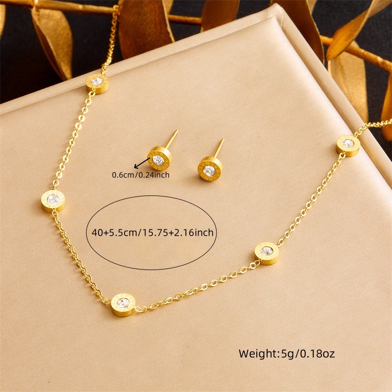 European and American cross-border diamond-encrusted Roman numeral round plaque accessories chain stainless steel gold-plated necklace earring bracelet set