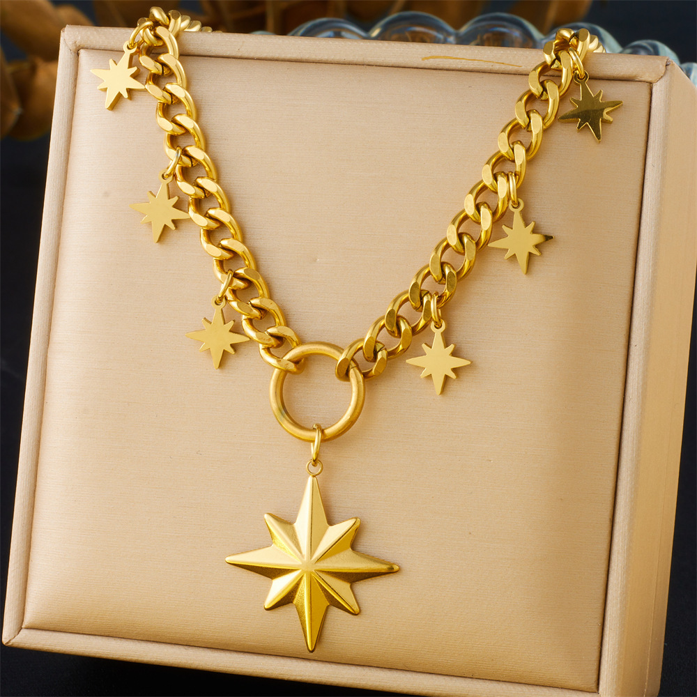 European and American unisex stainless steel chunky chain necklace with star, diamond-encrusted wings, sun pendant, sweater chain, jewelry wholesale.