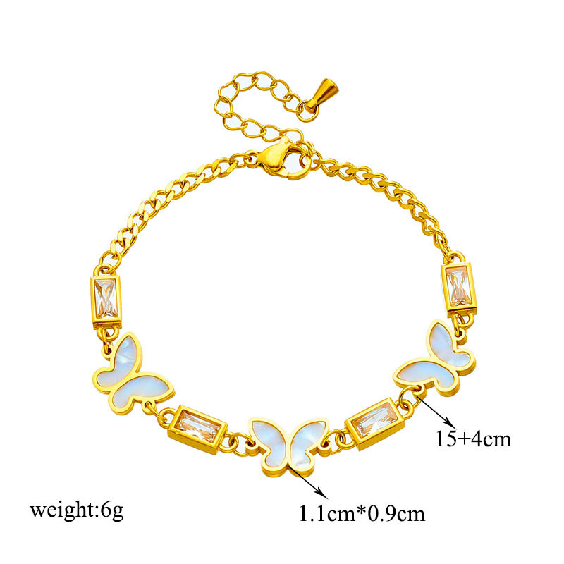 Korean-style trendy niche design white butterfly rhinestone square chain titanium steel jewelry, versatile, elegant and unique bracelet.