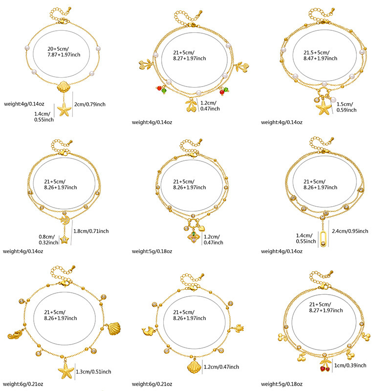 Korean style fashionable double-layer chain diamond-encrusted cherry starfish flower star moon pendant stainless steel anklet for women