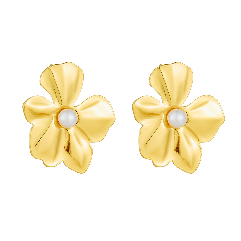 French retro gold flower earrings, understated luxury, niche stainless steel, high-end earrings, statement jewelry, stud earrings