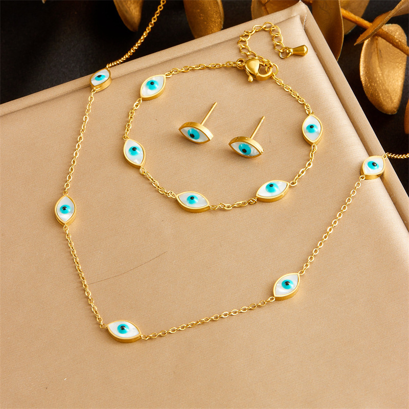 Fashionable retro round devil eyes blue turquoise flower heart accessory chain stainless steel jewelry three-piece set