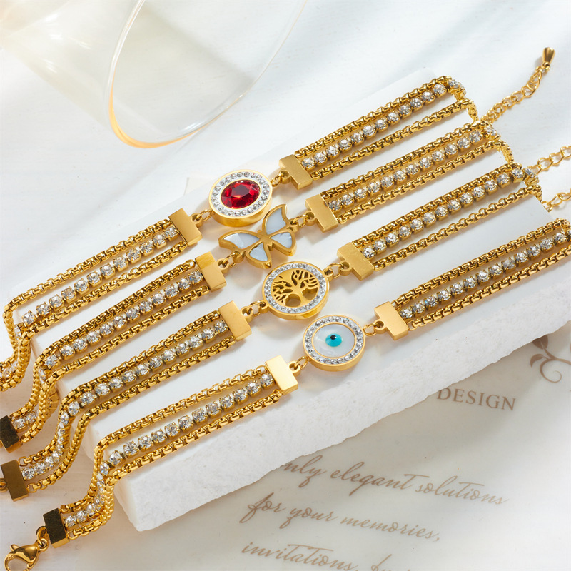 European and American cross-border niche retro gold multi-layer rhinestone chain butterfly tree of life eye accessory bracelet