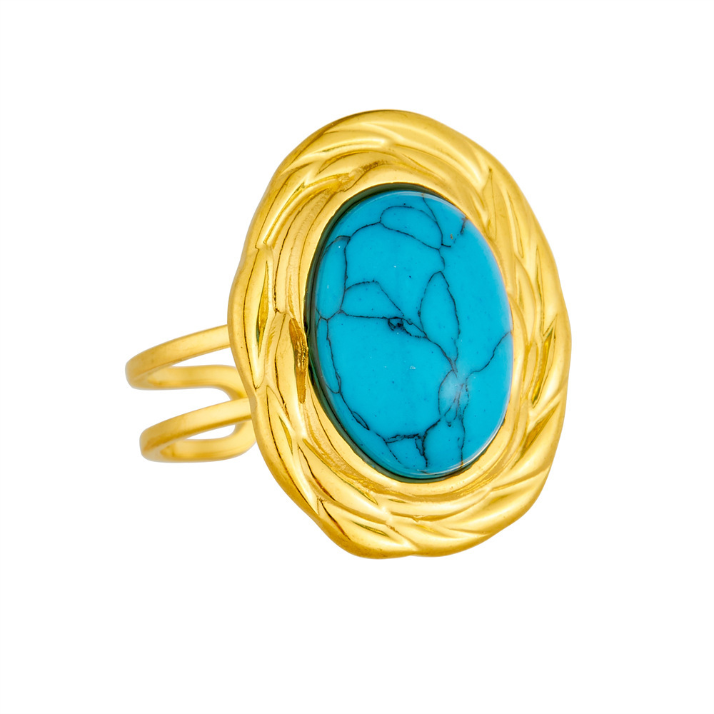 Cross-border fashion retro high-end open adjustable line oval set with turquoise accessories stainless steel ring