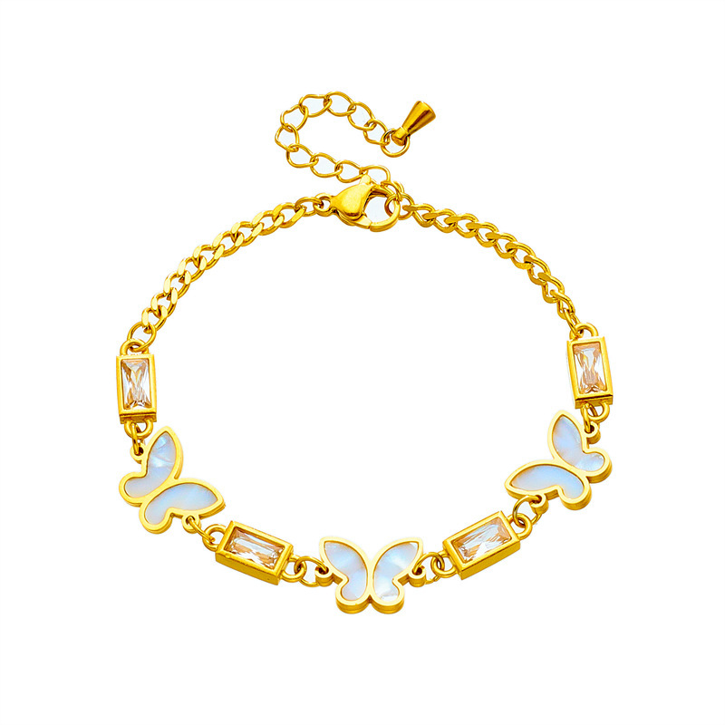 Korean-style trendy niche design white butterfly rhinestone square chain titanium steel jewelry, versatile, elegant and unique bracelet.