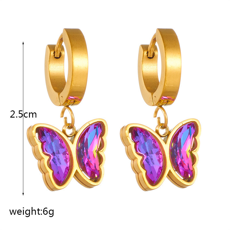 Trendy niche retro design, colorful purple rhinestone butterfly, gold-plated titanium steel pendant accessories earrings