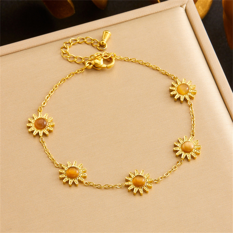 Cross-border European and American fashion versatile tiger's eye sunflower accessories stainless steel chain necklace earring bracelet set