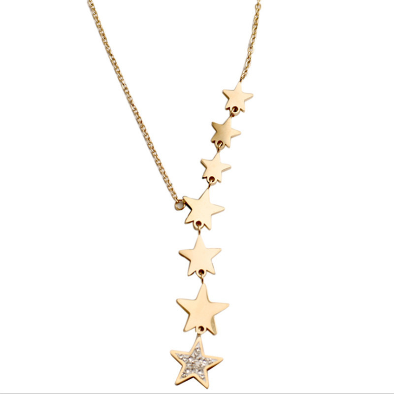 Korean style, fashionable and simple, diamond-encrusted five-pointed star tassel titanium steel pendant, seven-star clavicle chain, elegant and versatile jewelry necklace.