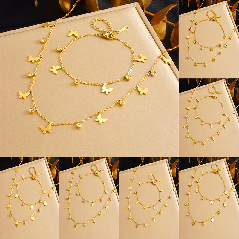 Stylish Commuter-Friendly Minimalist Gold-Plated Stainless Steel Butterfly Round Lightning Crown Eye Pendant Chain Jewelry Set