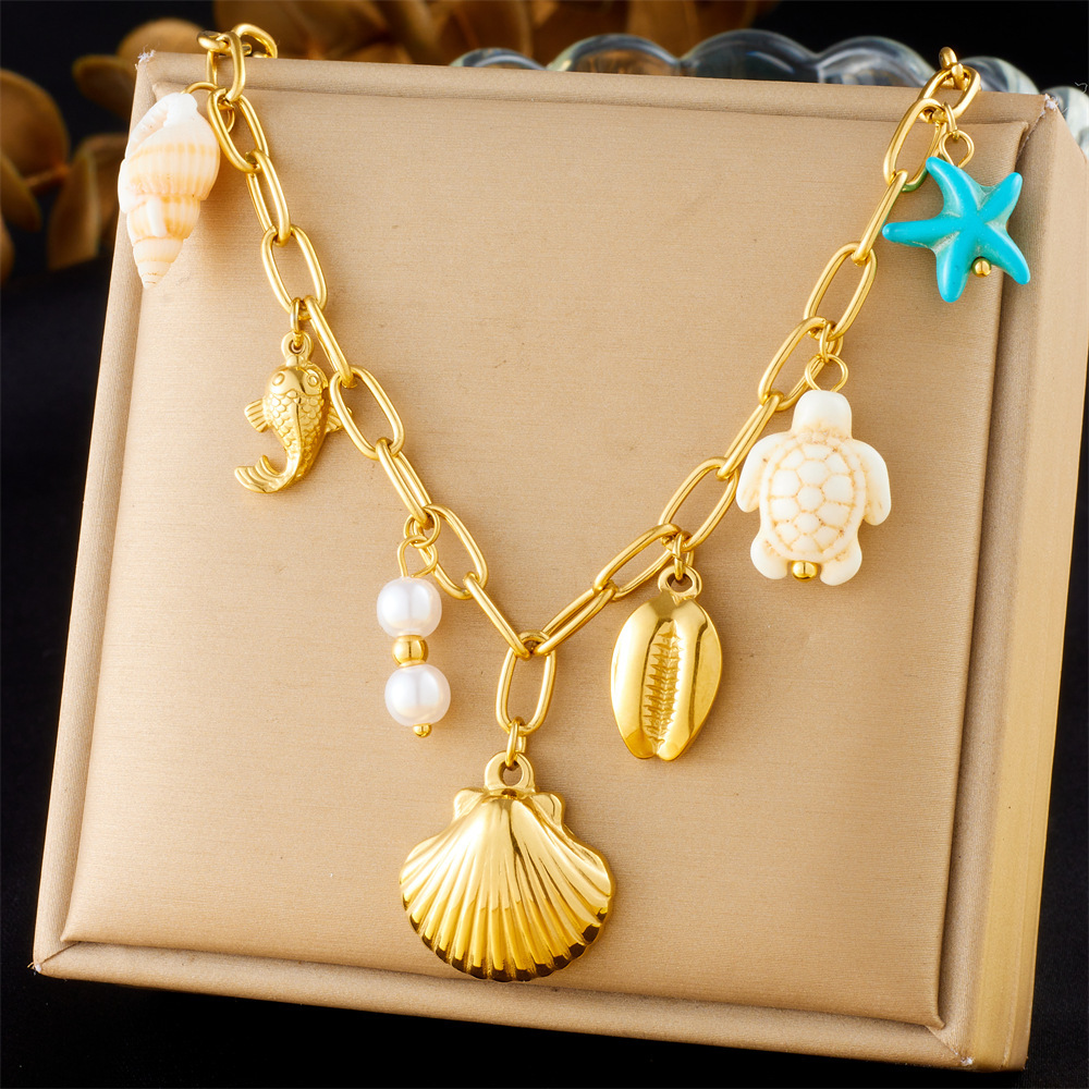 Cross-border hot-selling gold-plated beach and seaside style fashionable stainless steel scallop, seahorse, turtle, and starfish pendant chain necklace