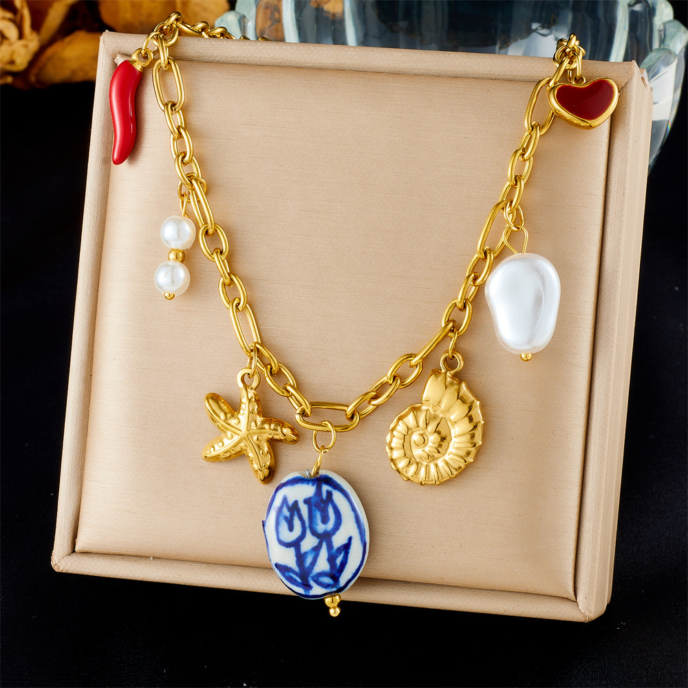 European and American cross-border fashion vacation high-end multi-element marine life pendant seashell starfish sun stainless steel necklace