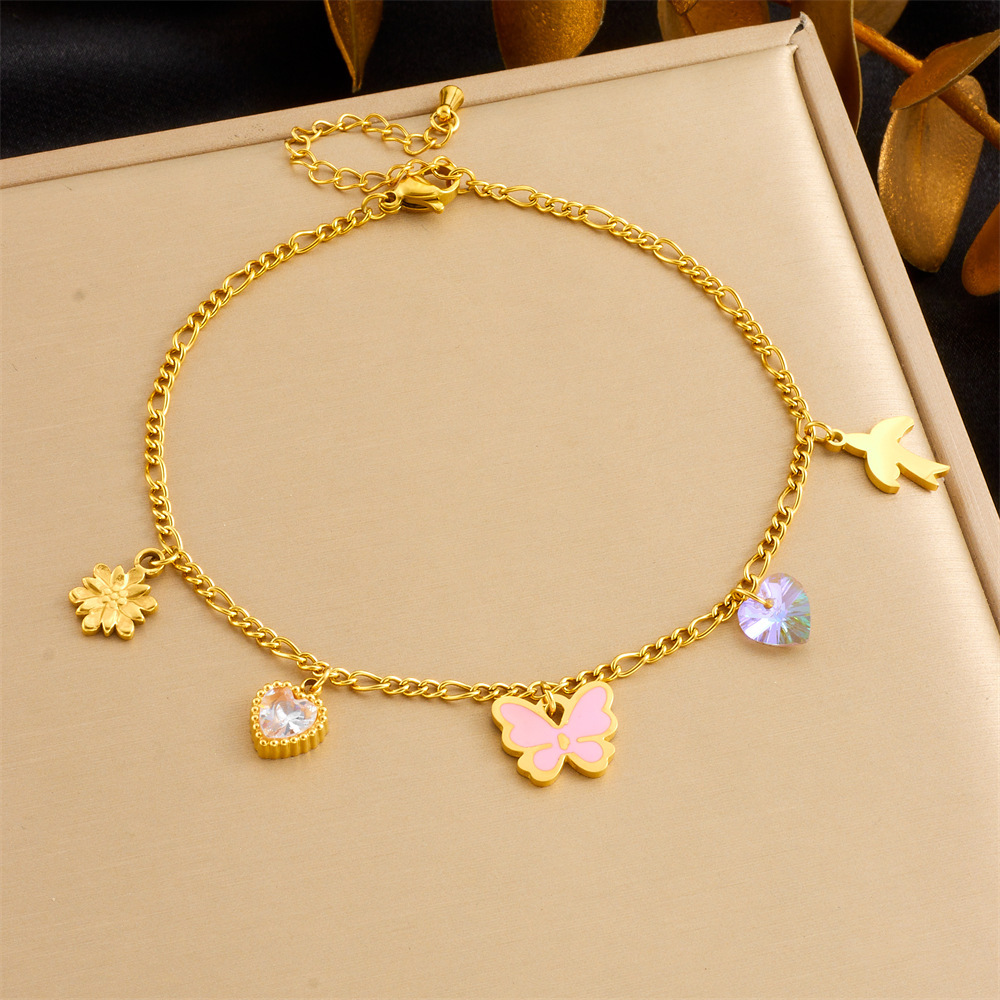 Cross-border fashion beach style versatile simple colorful geometric glass rhinestone butterfly heart accessory chain anklet
