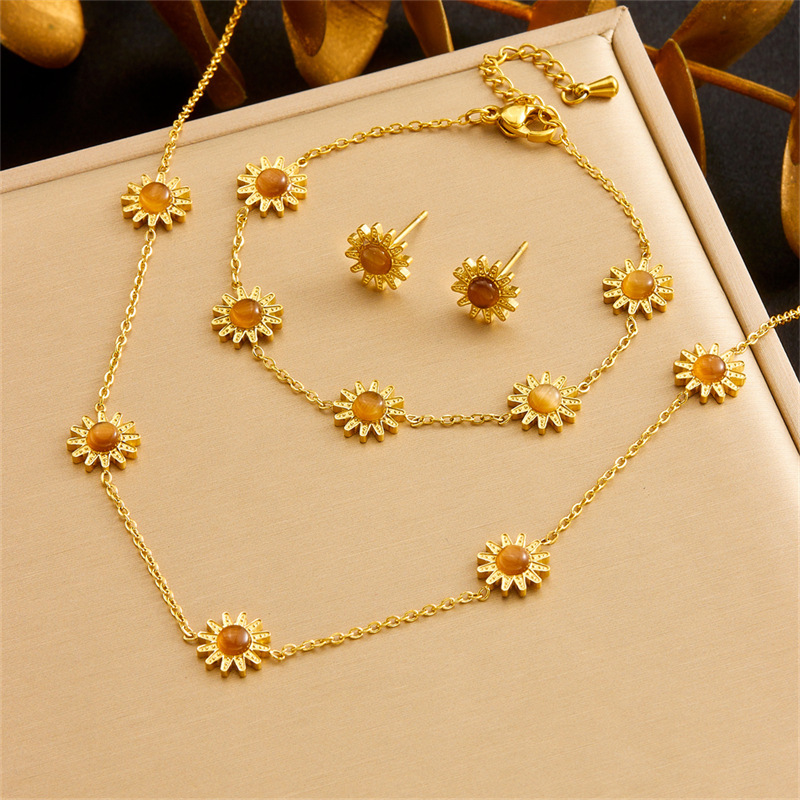 Cross-border European and American fashion versatile tiger's eye sunflower accessories stainless steel chain necklace earring bracelet set