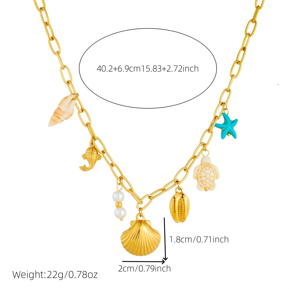 Cross-border hot-selling gold-plated beach and seaside style fashionable stainless steel scallop, seahorse, turtle, and starfish pendant chain necklace