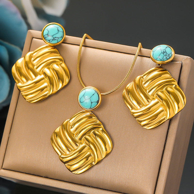 Cross-border fashion retro pearl flower geometric irregular necklace and earring set, unique stainless steel jewelry