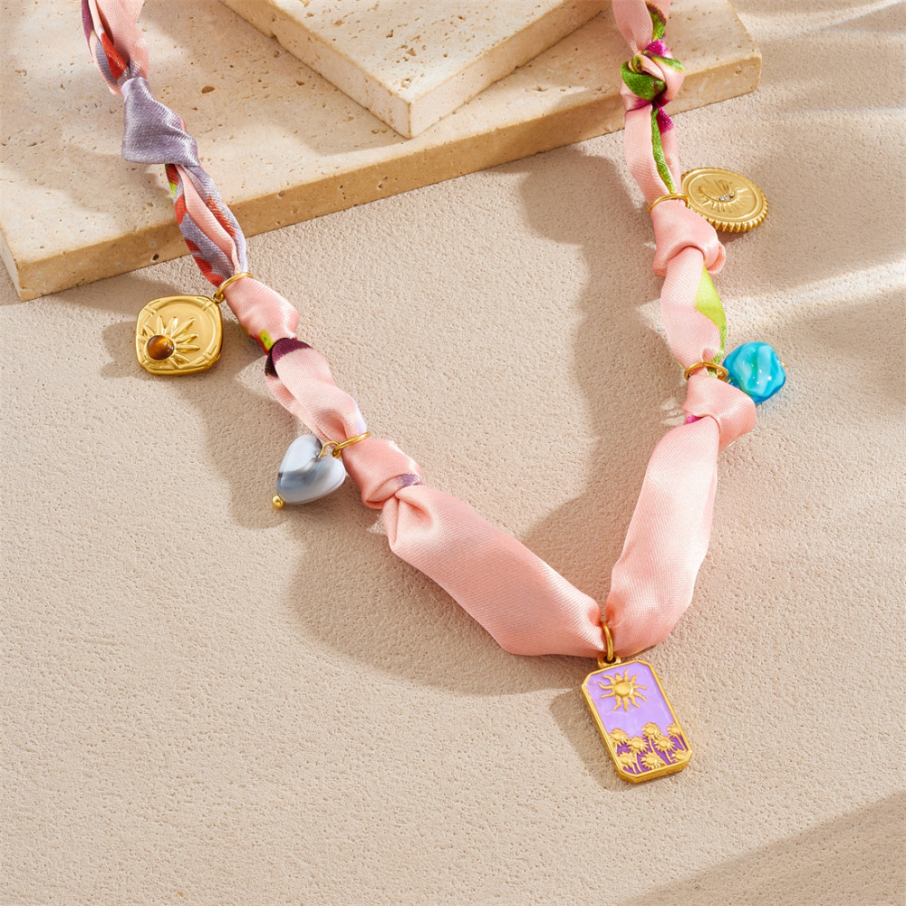 New cross-border colorful printed silk scarf ribbon knotted multi-element gold-plated stainless steel heart, moon and sun necklace