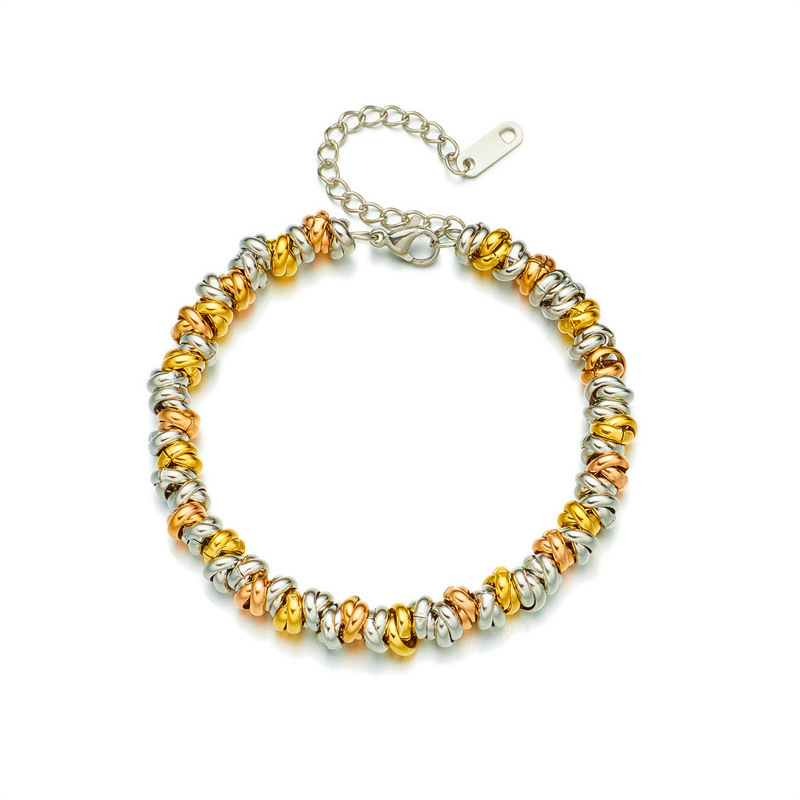 European and American cross-border fashion minimalist color-blocked titanium steel metal circle beaded woven retro versatile bracelet