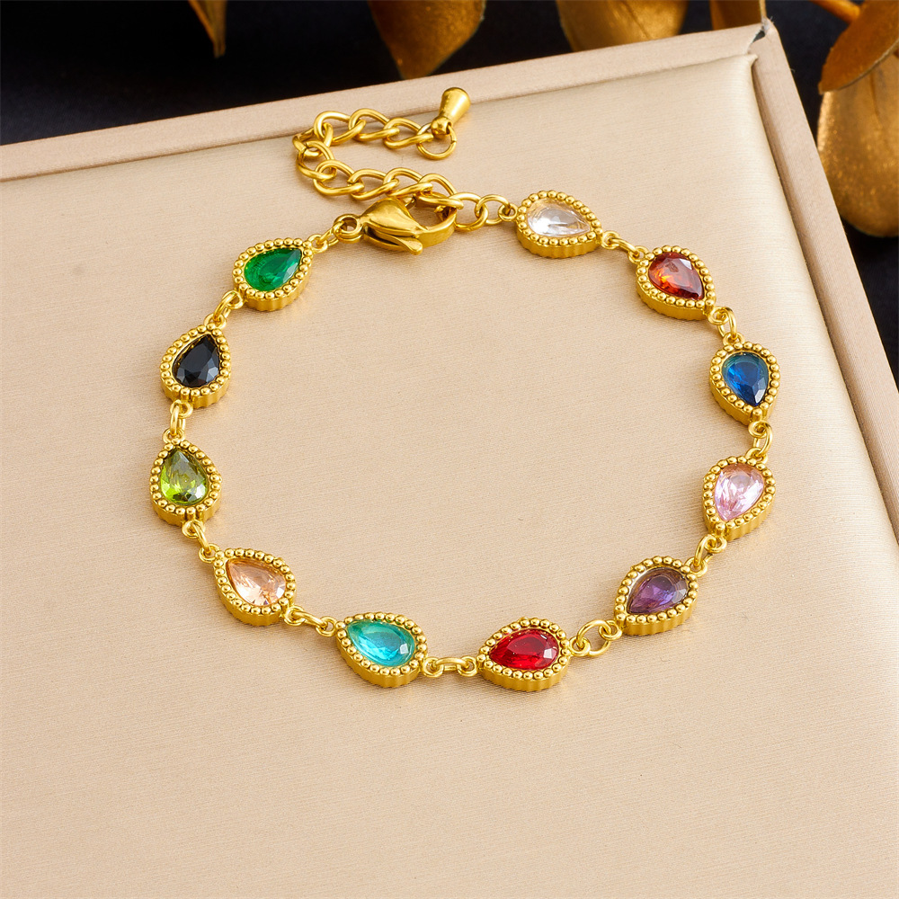 Cross-border fashion micro-painted geometric colored gemstone chain bracelet oval teardrop square women's stainless steel jewelry