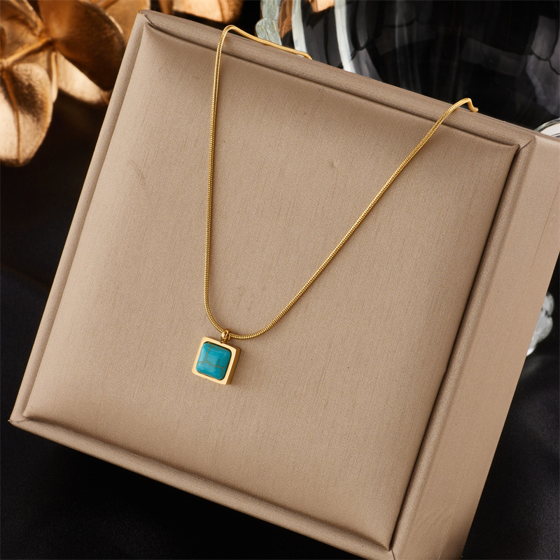 European and American cross-border fashion retro niche minimalist square turquoise pendant titanium steel spiral chain necklace
