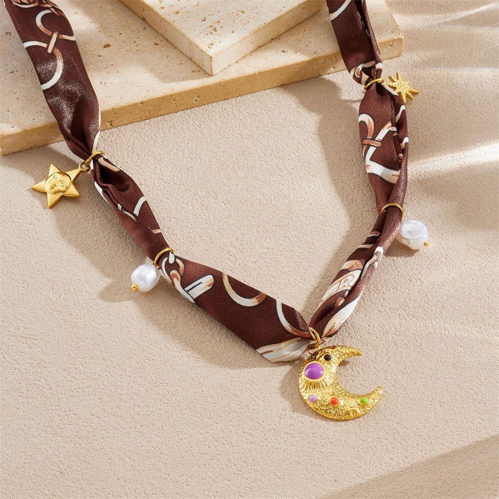 New cross-border colorful printed silk scarf ribbon knotted multi-element gold-plated stainless steel heart, moon and sun necklace