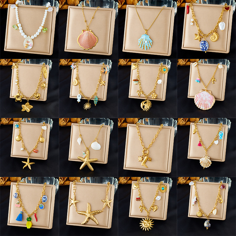 European and American cross-border fashion vacation high-end multi-element marine life pendant seashell starfish sun stainless steel necklace
